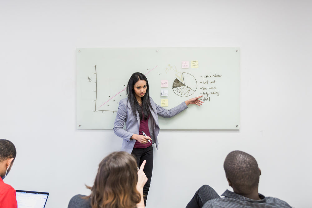 woman presenting pie chart